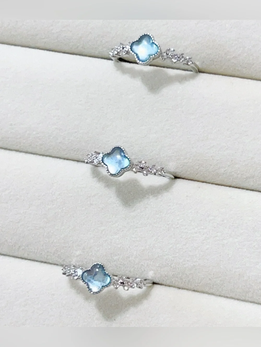Natural Blue Aquamarine Four-Leaf Clover Ring Silver Plated Dainty Open Ring